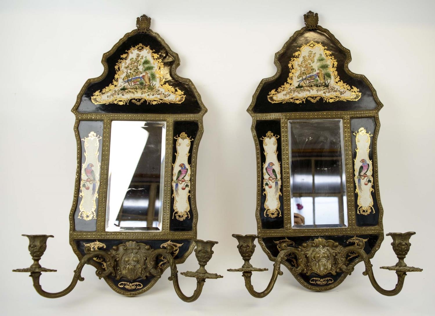 WALL SCONCES, a pair, 18th century Chinese export style, with ceramic inset famille noire panels,