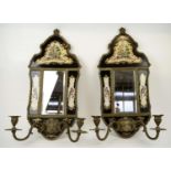 WALL SCONCES, a pair, 18th century Chinese export style, with ceramic inset famille noire panels,
