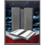 DAVID HOSIE 'Tower Block', oil on board, 65.5cm x 56cm, signed, bears R A B label verso, framed. (