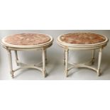 LAMP OCCASIONAL TABLES, a pair, Louis XVI design oval grey painted parcel gilt with inset rose
