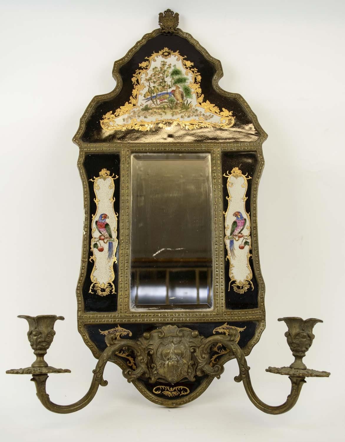 WALL SCONCES, a pair, 18th century Chinese export style, with ceramic inset famille noire panels, - Image 2 of 9