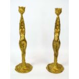 CANDLESTICKS, a pair, Art Nouveau 'Nymph's' gilt bronze signed to base Firmin Bate, 45cm H. (2)