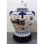 CHINESE PORCELAIN VASE, 56cm H x 34cm W (incl. base stand), painted under glaze in blue, pink and
