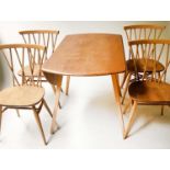 ERCOL DROP LEAF DINING TABLE AND SHALSTONE DINING CHAIRS, a set of four, 114cm x 124cm x 71cm H. (5)