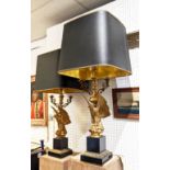 TABLE LAMPS, a pair, bases each 72cm H, in the form of gilt eagles, including shades each 95cm H,