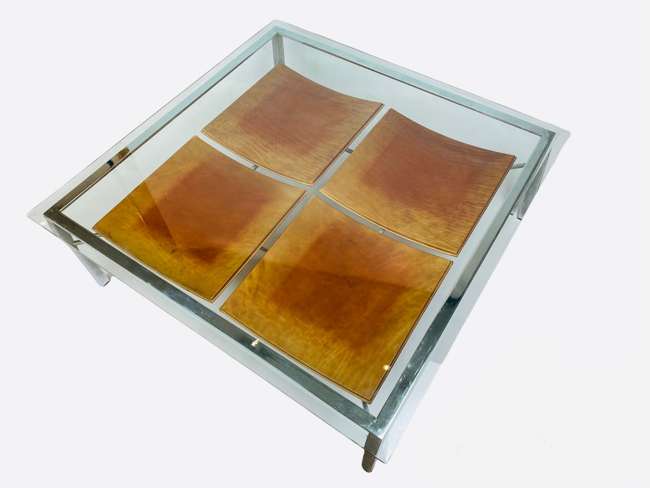 LOW TABLE, 36cm H x 106cm x 106cm, 1970's, square bevelled glass top on a chrome base, with a - Image 7 of 7