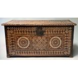 INDO PORTUGUESE TRUNK, 19th century teak and mother of pearl inlaid with rising lid, 76cm x 38cm x