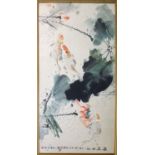 JIN WU HUA 'Carp and Lilies', watercolour, signed in script, 69cm x 137cm, framed.