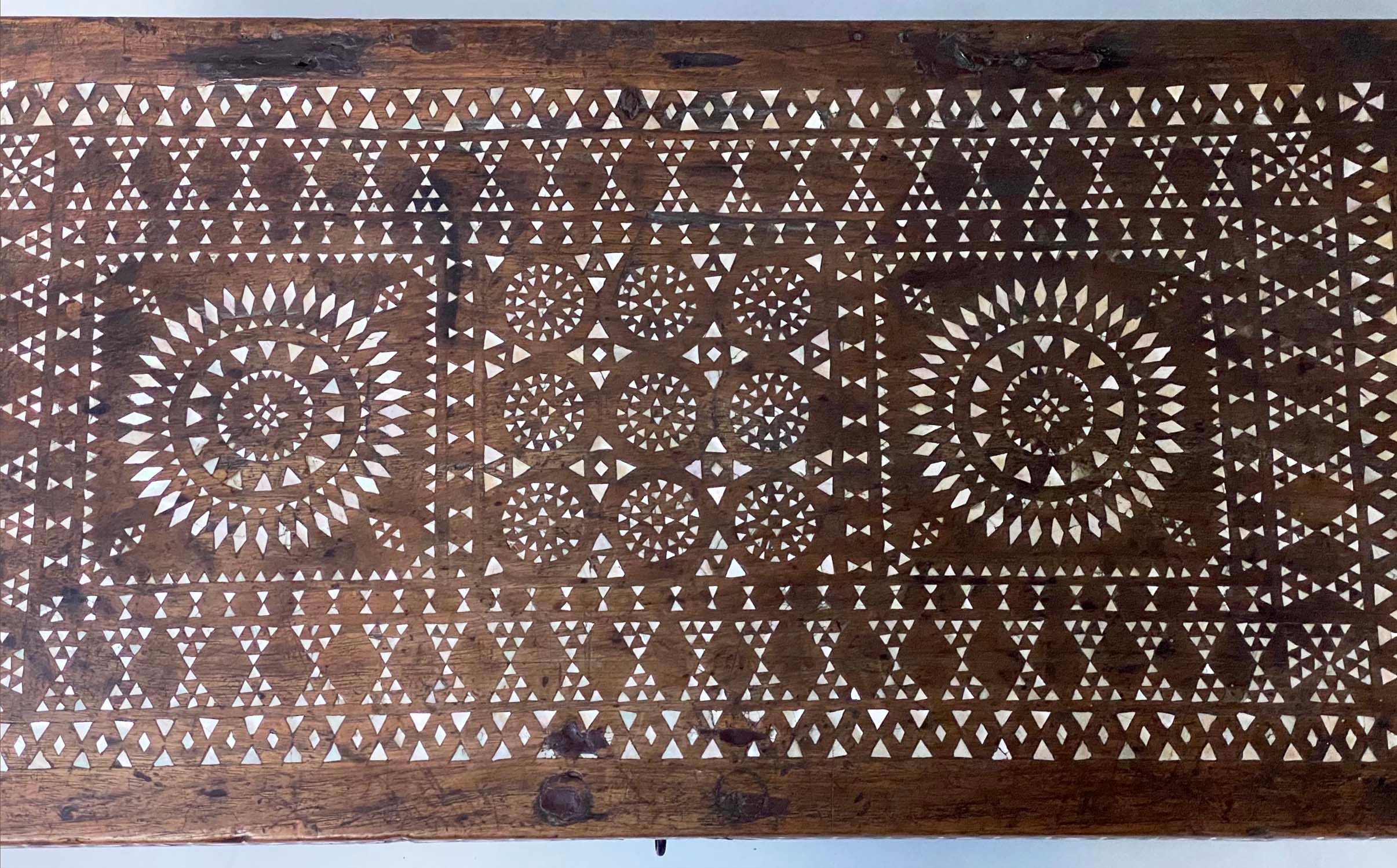 INDO PORTUGUESE TRUNK, 19th century teak and mother of pearl inlaid with rising lid, 76cm x 38cm x - Image 5 of 9