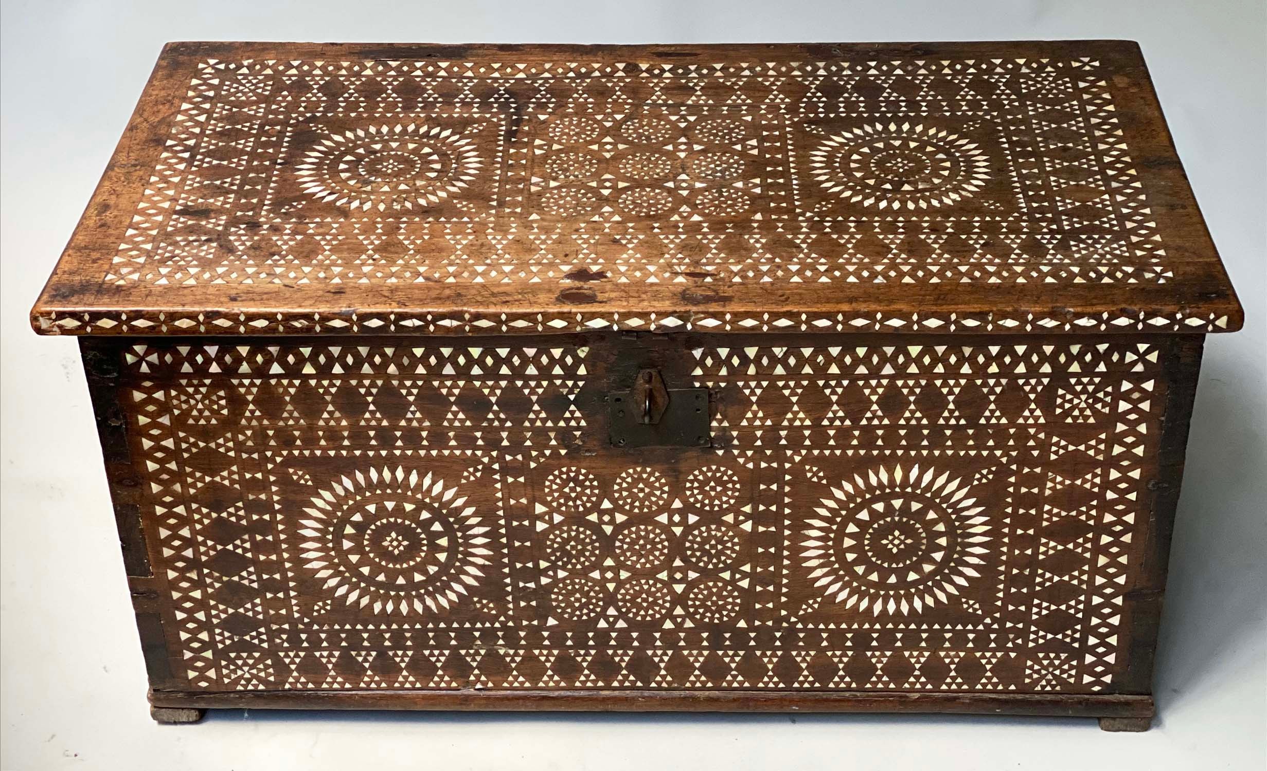 INDO PORTUGUESE TRUNK, 19th century teak and mother of pearl inlaid with rising lid, 76cm x 38cm x - Image 9 of 9