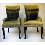 SALON ARMCHAIRS, a pair, printed green and striped velvet with button back and swept supports. (2)