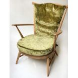 ERCOL ARMCHAIR, stick back elm and beech with green silk velvet cushions, 71cm W.