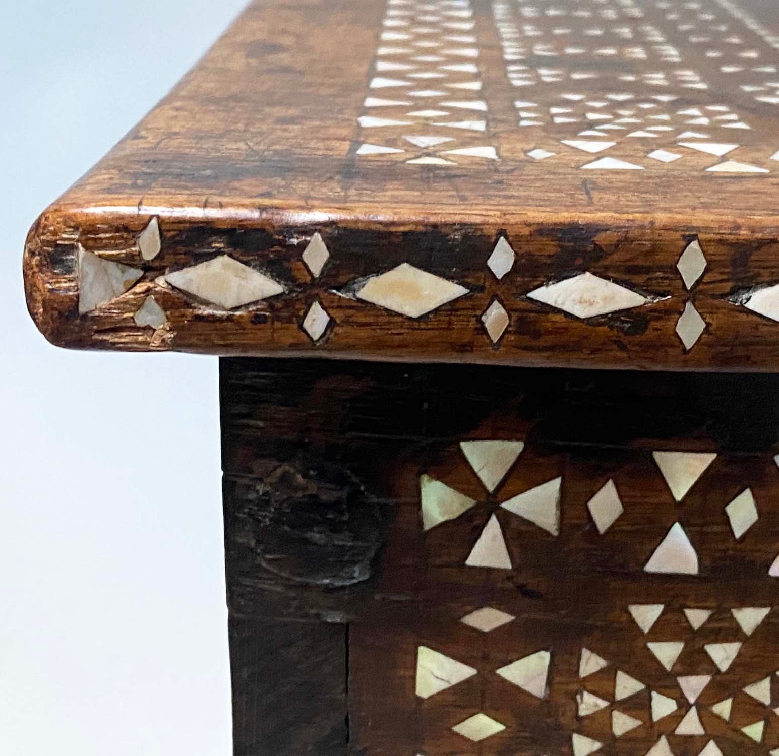 INDO PORTUGUESE TRUNK, 19th century teak and mother of pearl inlaid with rising lid, 76cm x 38cm x - Image 6 of 9