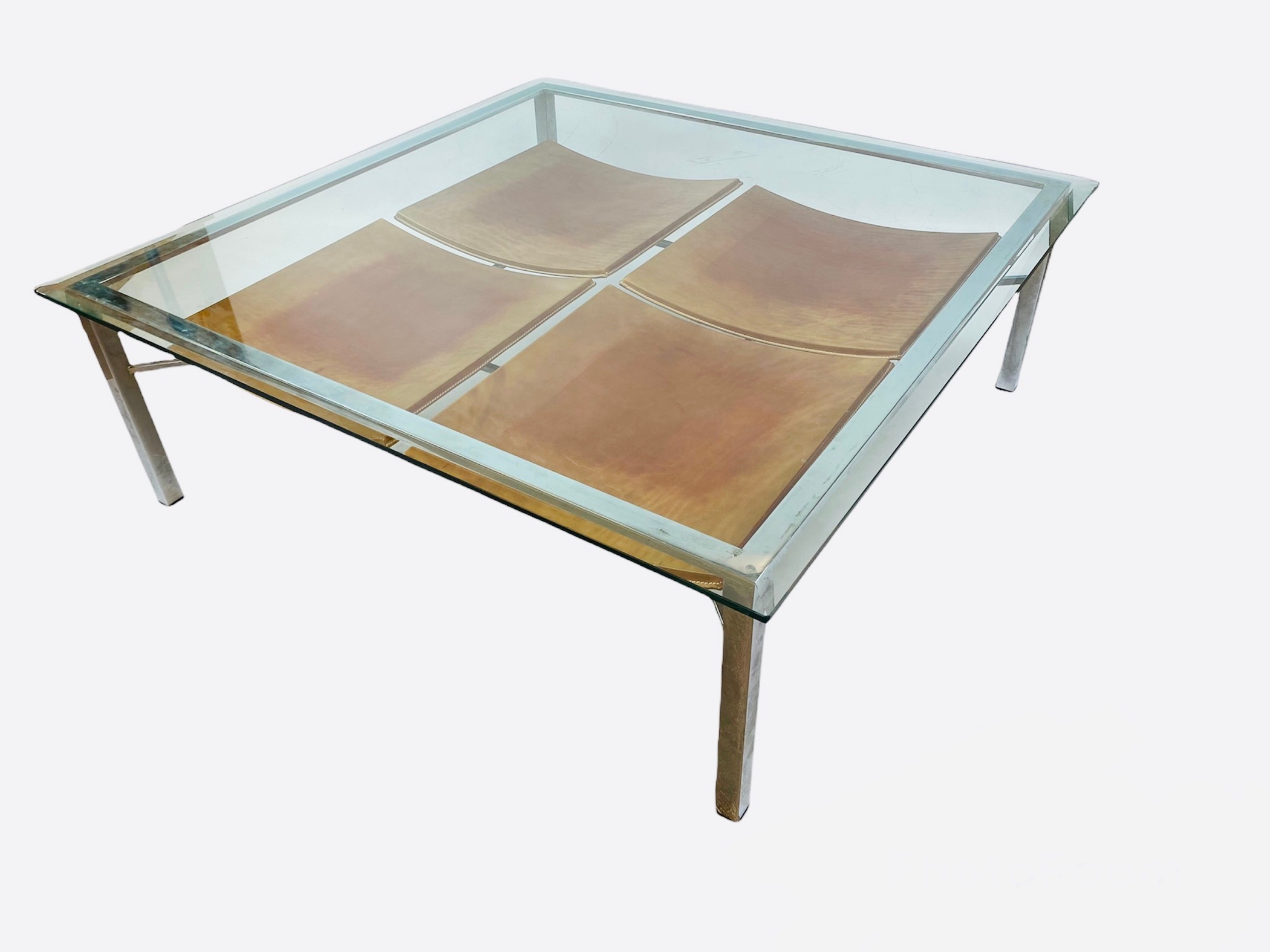 LOW TABLE, 36cm H x 106cm x 106cm, 1970's, square bevelled glass top on a chrome base, with a - Image 6 of 7