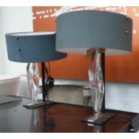 DAUM FRANCE LAMPS, a pair, mounted on chrome and column support, with round grey metal shades,