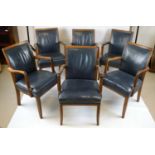 ART DECO DINING ARMCHAIRS, set of eight in mahogany with RAF blue leather backs and squats, bears