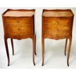 BEDSIDE CHESTS, a pair, French Louis XV style kingwood and marquetry inlay each with three