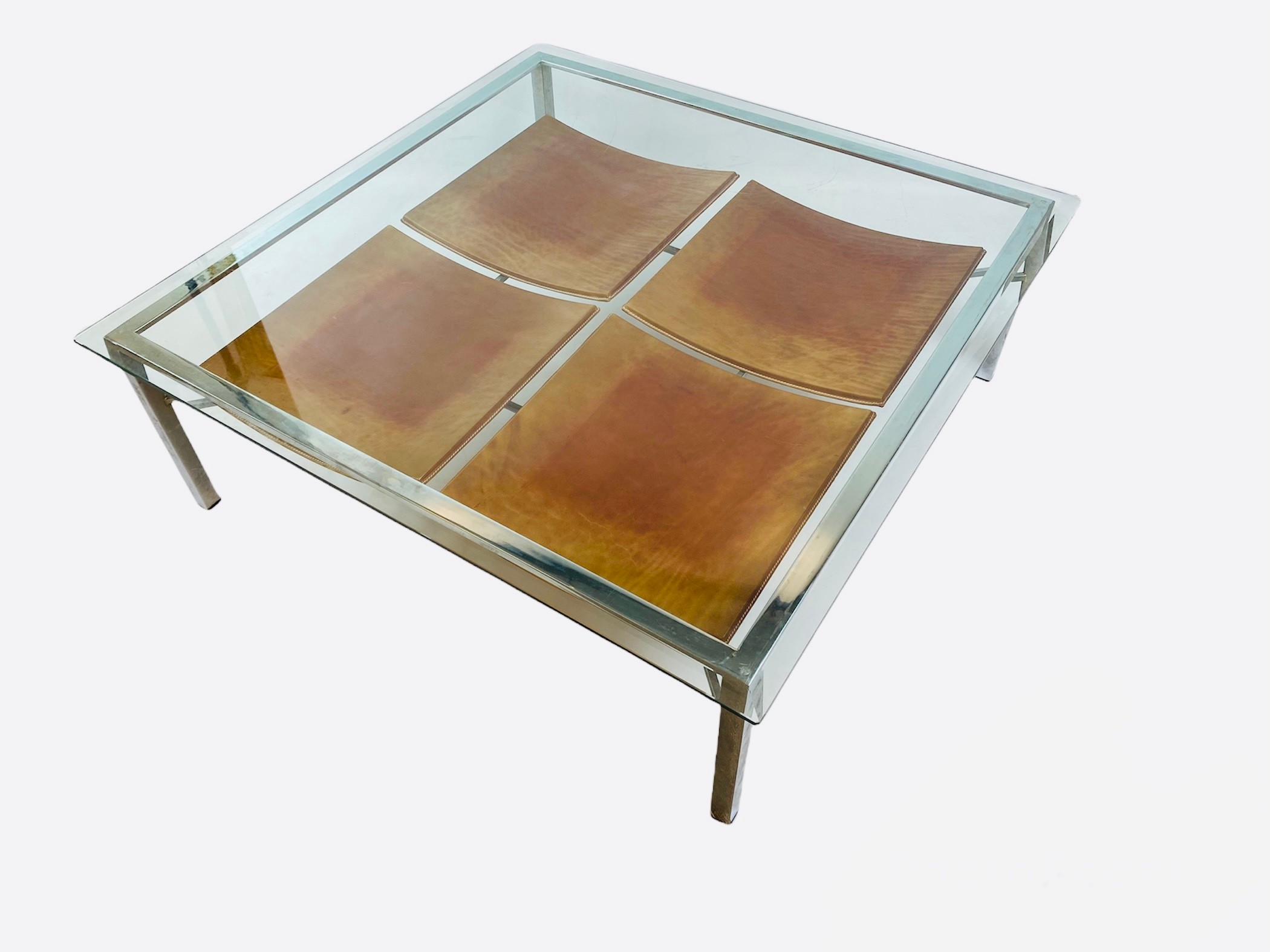 LOW TABLE, 36cm H x 106cm x 106cm, 1970's, square bevelled glass top on a chrome base, with a - Image 5 of 7