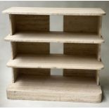 SHELVES, 100cm W x 92cm H x 45cm D, 20th century travertine marble, of three rounded fronted shelves