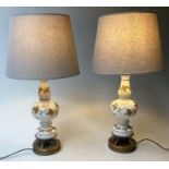 TABLE LAMPS, a pair, gilt floral opaline white glass of vase form on pierced gilt metal base, 82cm