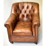 ARMCHAIR BY HALO, club style studded and button hand finished natural leather with rounded arched