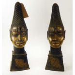 BENIN QUEEN MOTHER HEAD, a pair, Nigeria, bronze, 58cm H x 19cm each. (2)