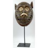 BOZO MASK, leopard, Mali, carved wood, painted finish, red, yellow, white, spotted detail, on stand,