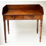WRITING TABLE, 95cm x 91cm H x 53cm, Regency mahogany, with 3/4 gallery and two frieze drawers.