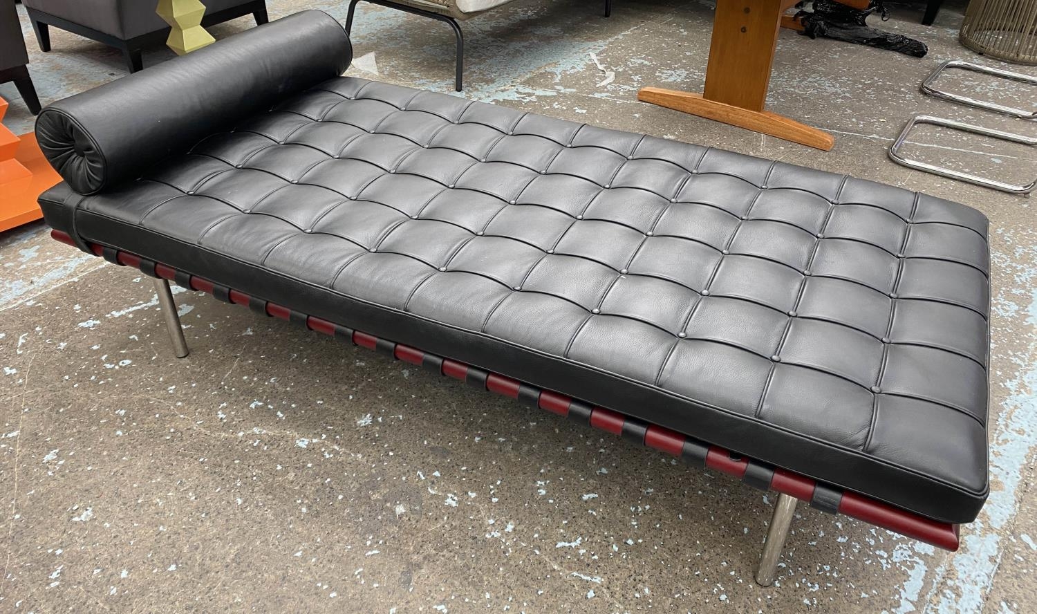 BARCELONA COUCH, after a design by Miles Van der Rohe, 183cm L x 83cm.