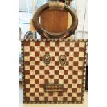 BWA SUN MASK, carved wood, red and white square repeat pattern with zig zag detail, painted