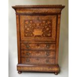 SECRETAIRE A ABATTANT, 19th century Dutch mahogany and satinwood marquetry with fold down writing