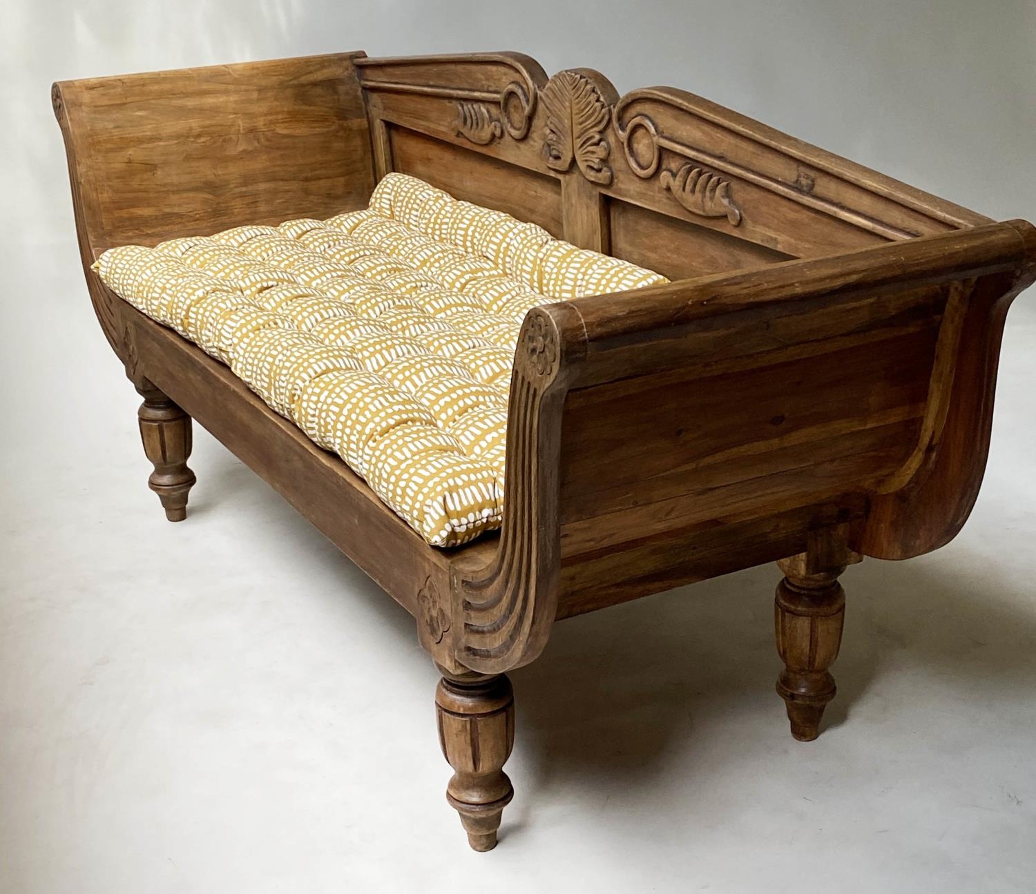 ANGLO-INDIAN BENCH, 168cm W, Colonial style, hand carved teak, with fluted scrolled arms and - Image 3 of 8