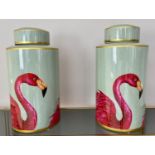 GINGER JARS, a pair, 40cm x 20cm glazed ceramic, with flamingo print design (2)