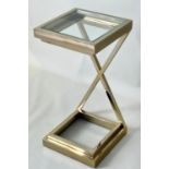 MARTINI TABLE, 59cm x 30cm x 30cm, gilt metal, glass top.