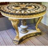 CENTRE TABLE, 80cm H x 112cm D, Regency style, specimen marble and giltwood, with inlaid circular