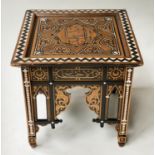 OTTOMAN TABLE, early 20th century square, Moorish hardwood with mother of pearl and ebony inlay,