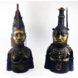 BENIN BRONZE BUSTS, a pair, king and queen, Nigeria, tallest 87cm H x 36cm. (2)