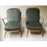 ERCOL ARMCHAIRS, a pair, elm stick back with green velvet seat and back cushions (stamped), 70cm