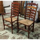 LADDER BACK CHAIRS, a set of eight, including two carvers, 54cm x 108cm H hardwood with rush