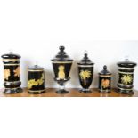 LIDDED VASES, a set of six, tallest 50cm H, various forms, glass with black lining, decorated with