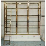 DISPLAY SHELVES, 220cm x 240cm x 43cm, 1970's Italian style, with associated ladder.