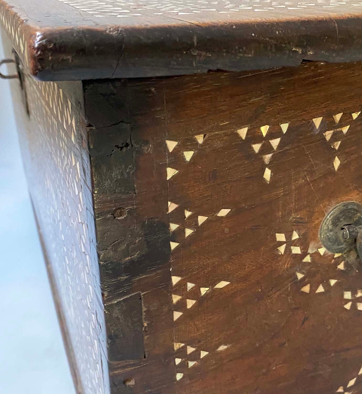 INDO PORTUGUESE TRUNK, 19th century teak and mother of pearl inlaid with rising lid, 76cm x 38cm x - Image 2 of 9