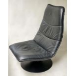 EASY CHAIR, 110cm H, 1970's black leather revolving and reclining on a black metal support.