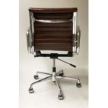 REVOLVING DESK CHAIR, Charles and Ray Eames inspired ribbed tan leather revolving and reclining on