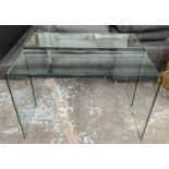COSNOLE TABLES, a pair, single piece glass design, 120cm x 40cm x 81cm. (2) (some scratches)