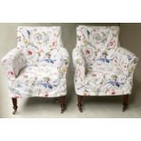 ARMCHAIRS, a pair Regency style tub form with foliate and white printed cotton loose covers and
