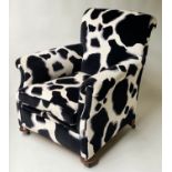 ARMCHAIR, Howard style black and white printed velvet with scroll arms and bun front supports,