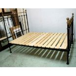 BED, 146cm H x 138cm x 199cm L Victorian cast iron and brass with modern slatted base. (wear to