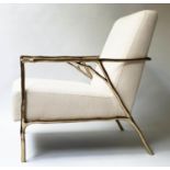 ARMCHAIR, contemporary solid brass framed, of branch form with parchment broadweave upholstery, 63cm