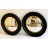 CONVEX BUTLER MIRRORS, a pair, 74cm diam., Regency style, ebonised frames, with gilt accents. (2)